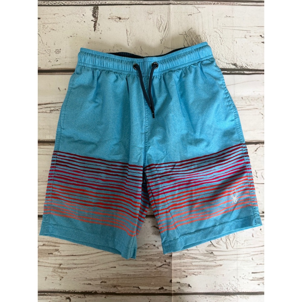 Spyder Boys Swim Trunks Blue Red Striped Board Shorts Size S 7/8 1749649